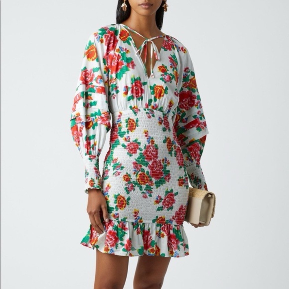 RHODE Anya Floral Puff Sleeve Smocked Ruffle Hem Mini Dress Women's Small